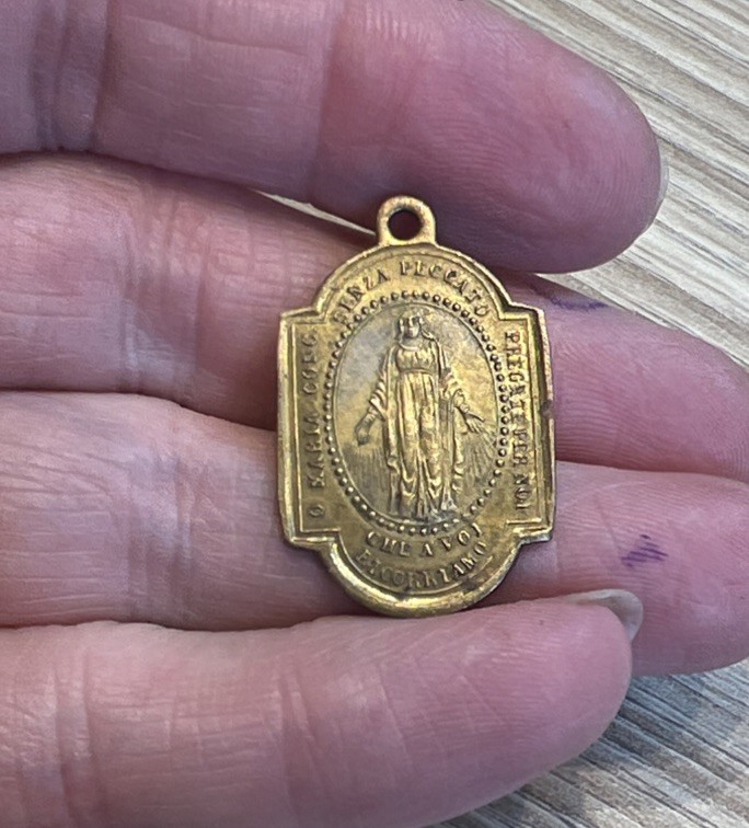 Antique Italian Medal Saint Pope Pius X Tenth Mary miraculous brass gold Pendant