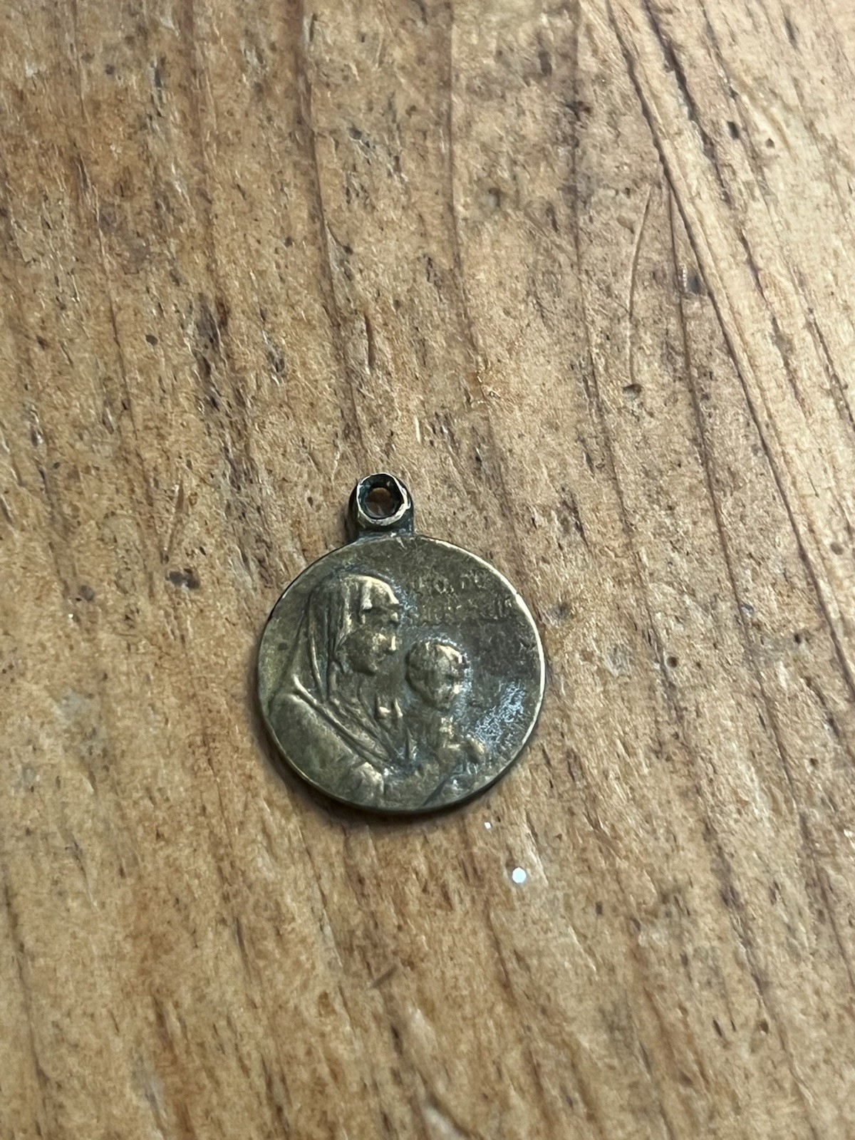 French medal Mary 1800s ⅝” Brass Gold Necklace Pendant Round Jesus