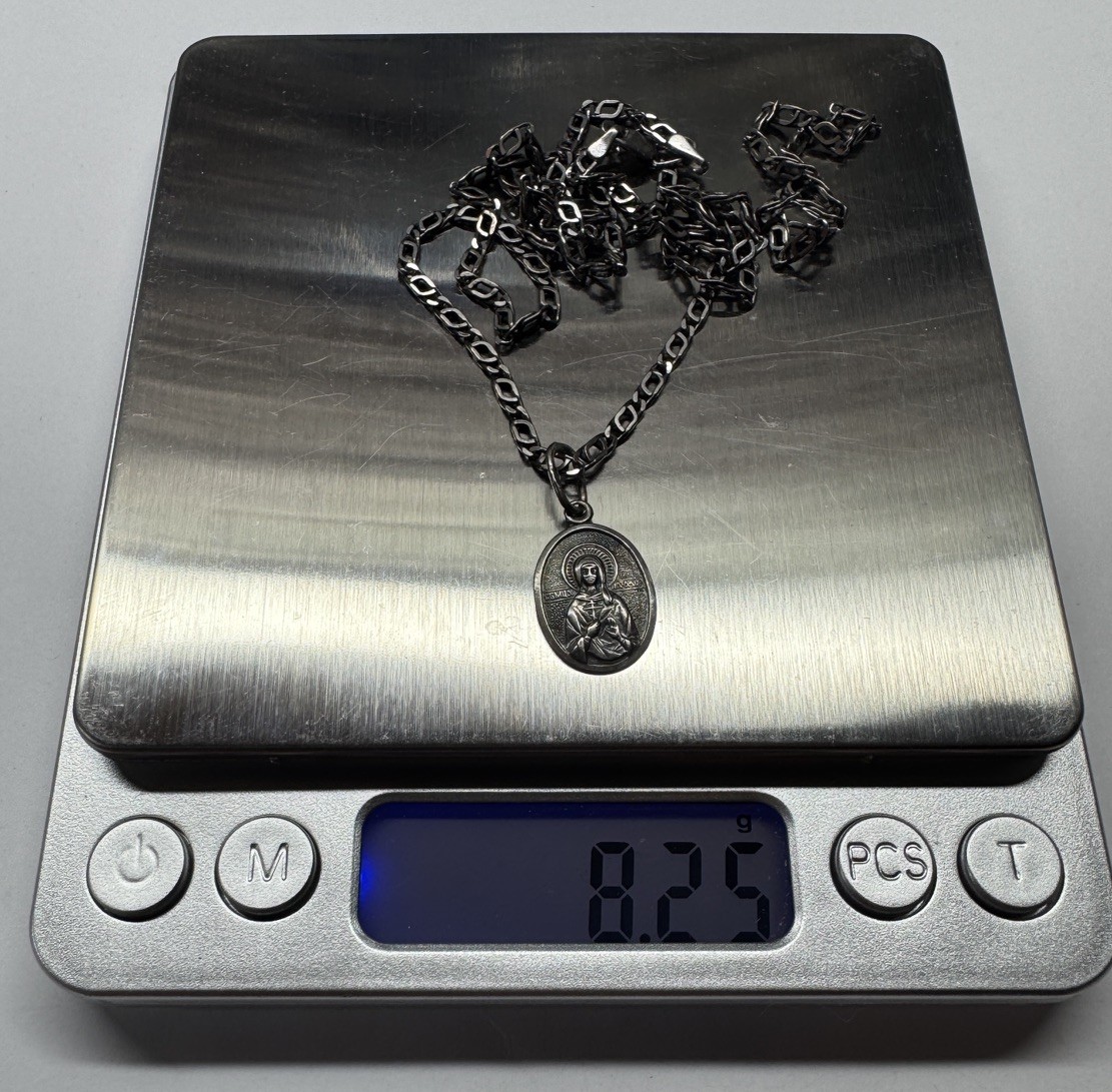 Sterling Silver Orthodox Virgin Mary Pendant with Chain 8.25g
