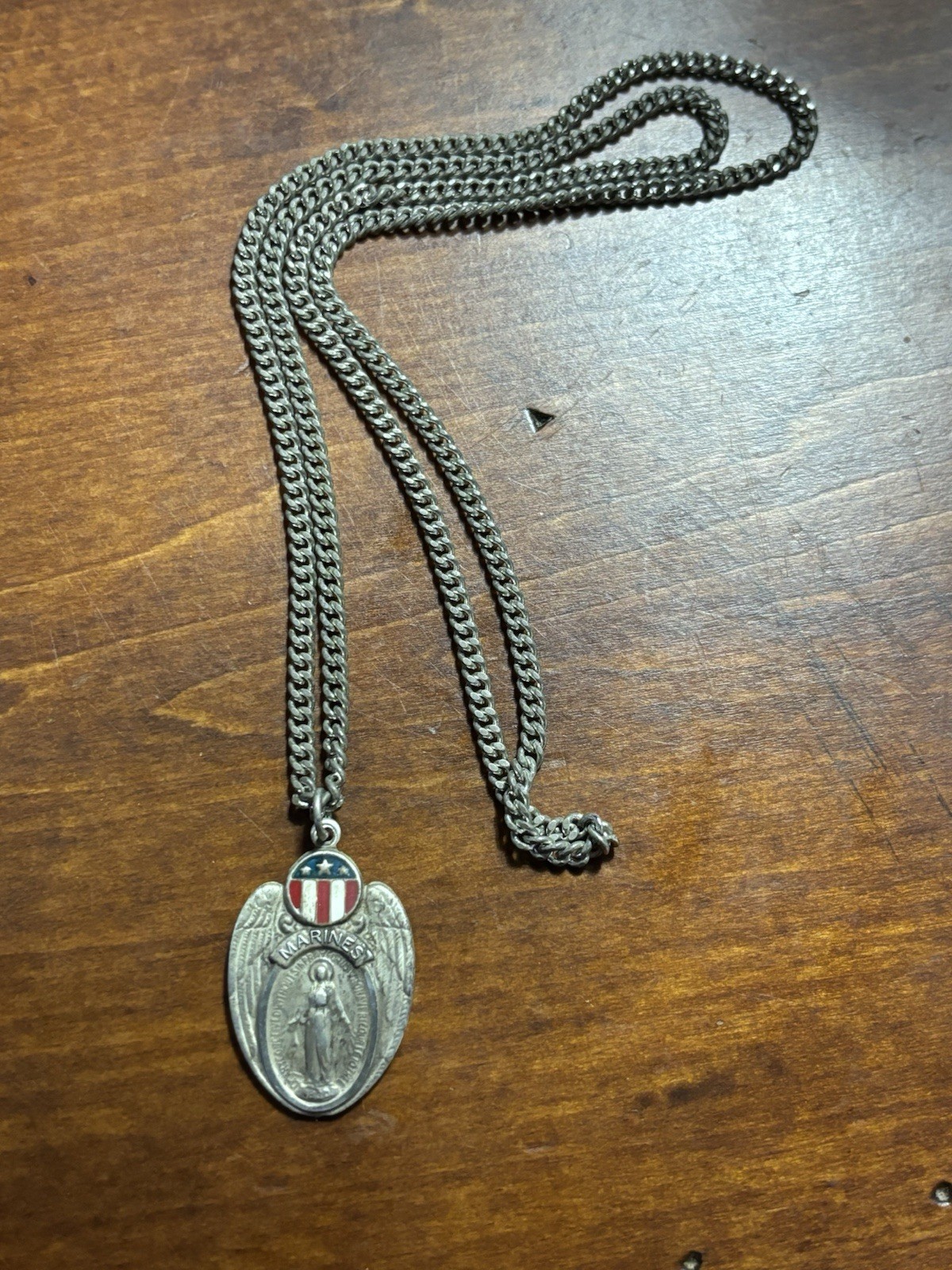 Vintage Marines Sterling Silver Enameled Miraculous Medal & Necklace