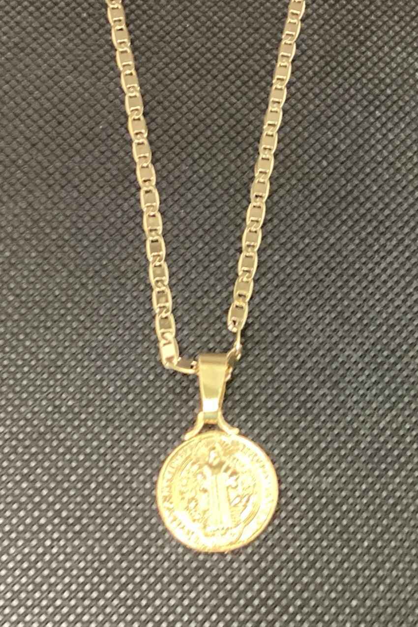 MEDALLA Y CADENA SAN BENITO BAÑO DE ORO 14K; 14k GOLD PLATED MEDAL ST BENEDICT