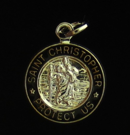 Vintage Saint Christopher Medal Black Enamel Catholic Tiny Medal Small Size