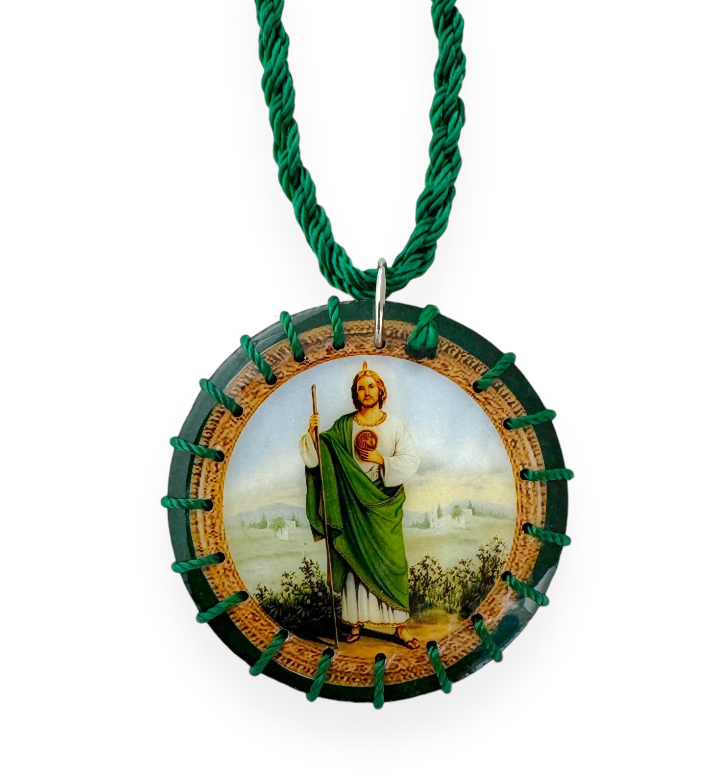 St Jude Green Round Scapular Necklace Wood Escapulario Madera Verde San Judas