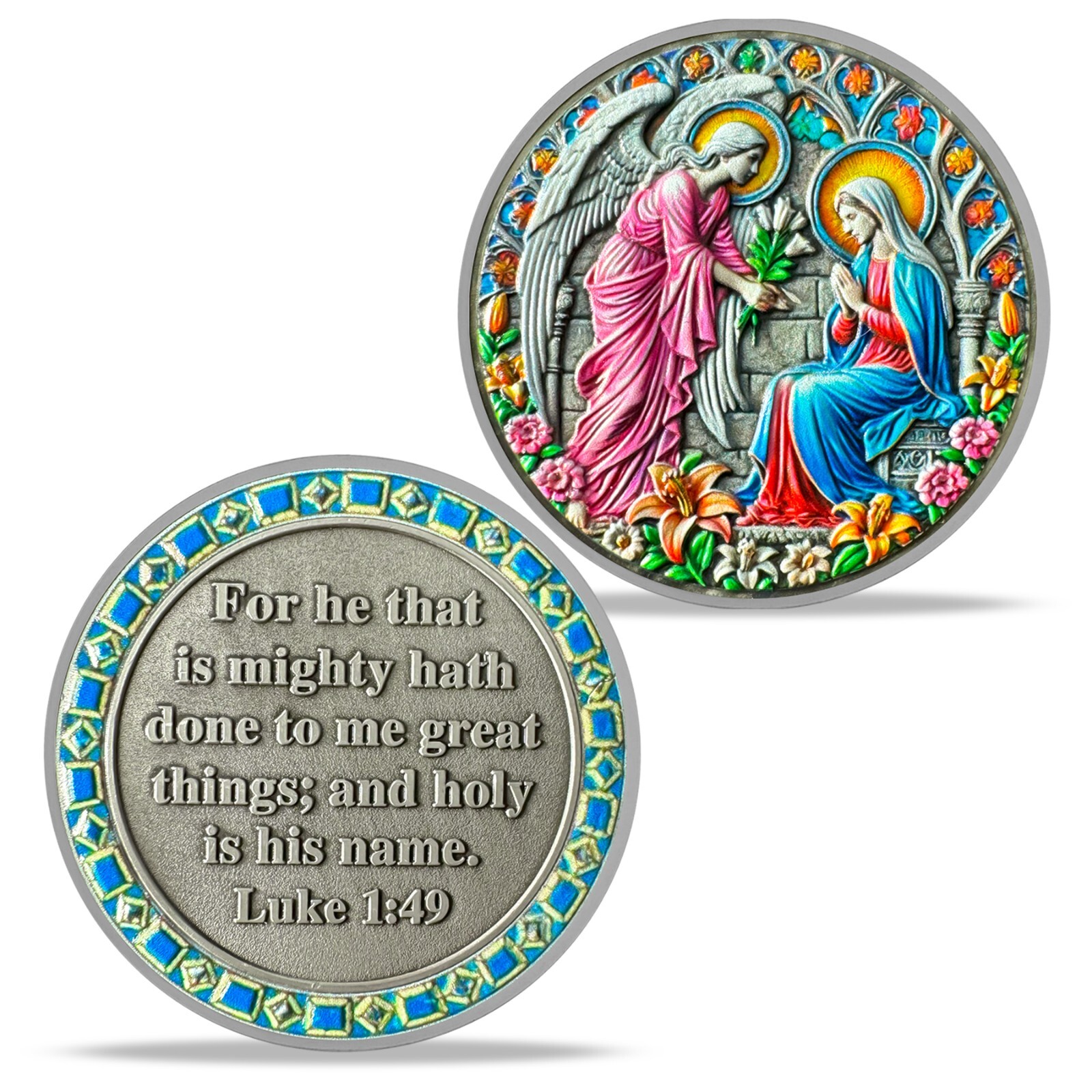 5pcs Christian Annunciation Challenge Coin Luke 1:49 Bible Verse Faith Coin Gift