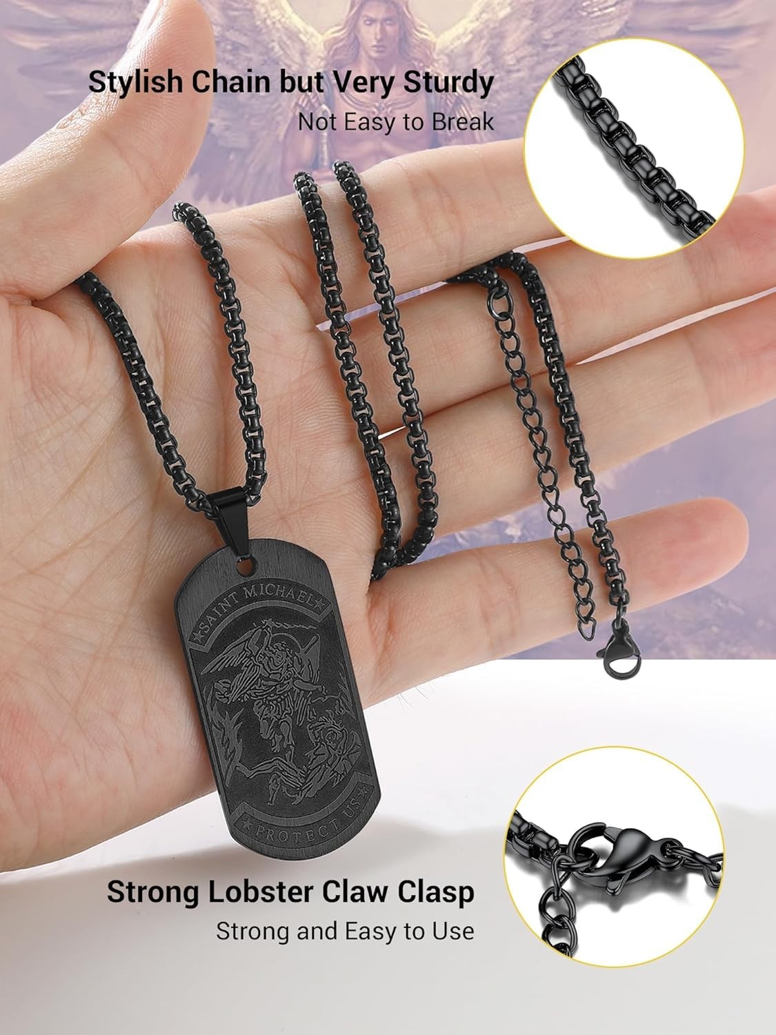 Men’s Black Plated St. Michael Necklace with Box Length 22-24 Inches
