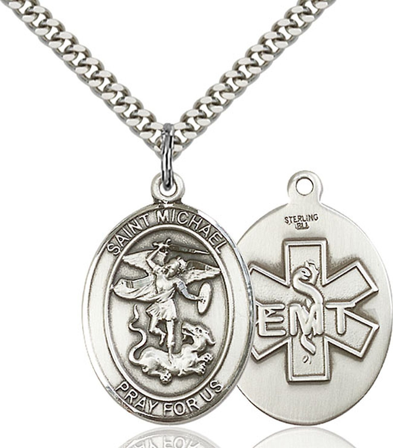 Large Sterling Silver St Saint Michael Pray EMT Medal Pendant Necklace W/ Chain