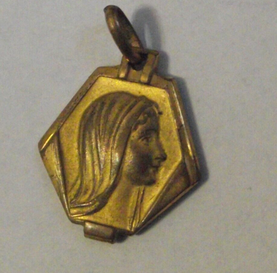 Vtg brass gold tone art deco ornate Our Lady of Lourdes pendant medal charm