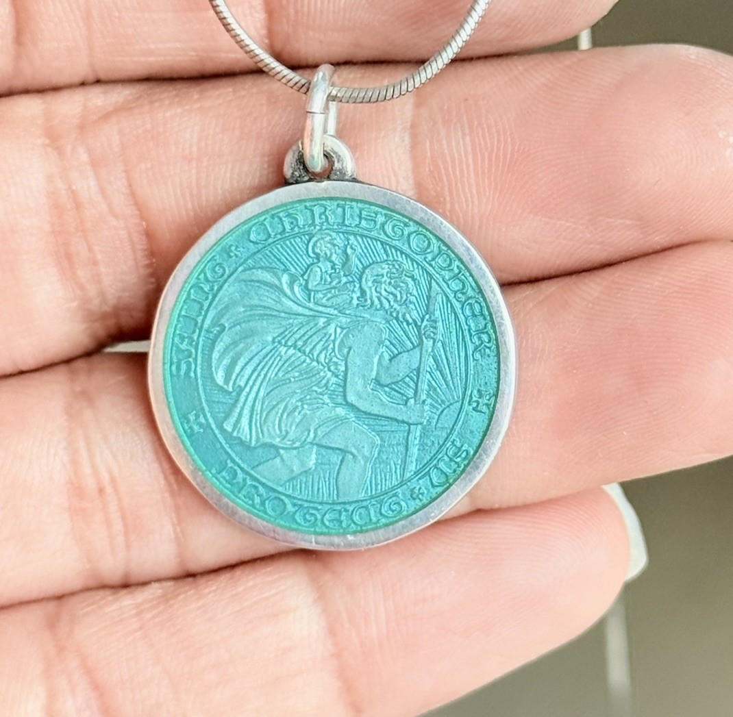 Charles Thomae St Christopher Sterling Silver Blue Enamel Medal Pendant Necklace