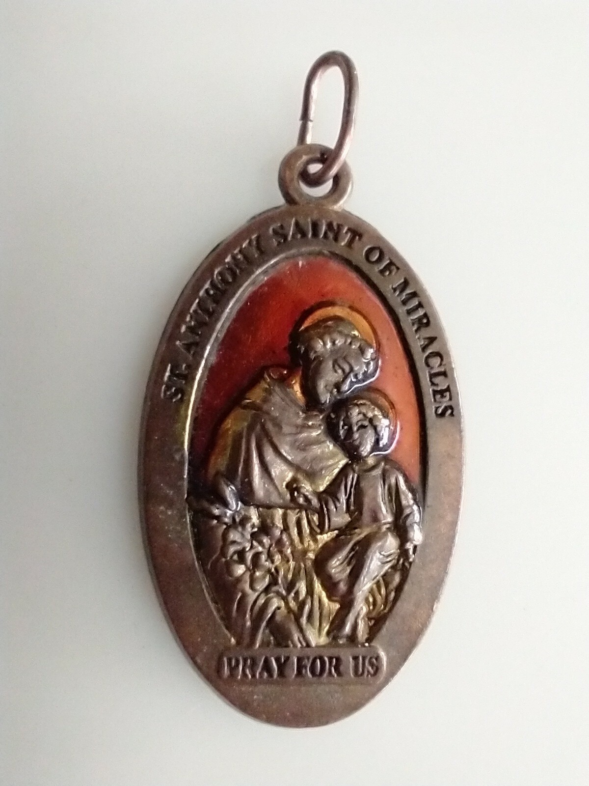 Vintage Catholic Red Enamel St Anthony Religious Medal