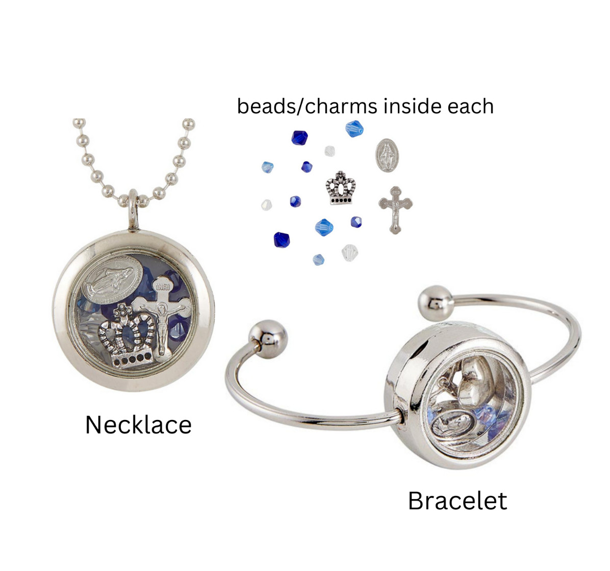“Floating” Miraculous Medal Magnet Locket Pendant Necklace & Bracelet Set Womens