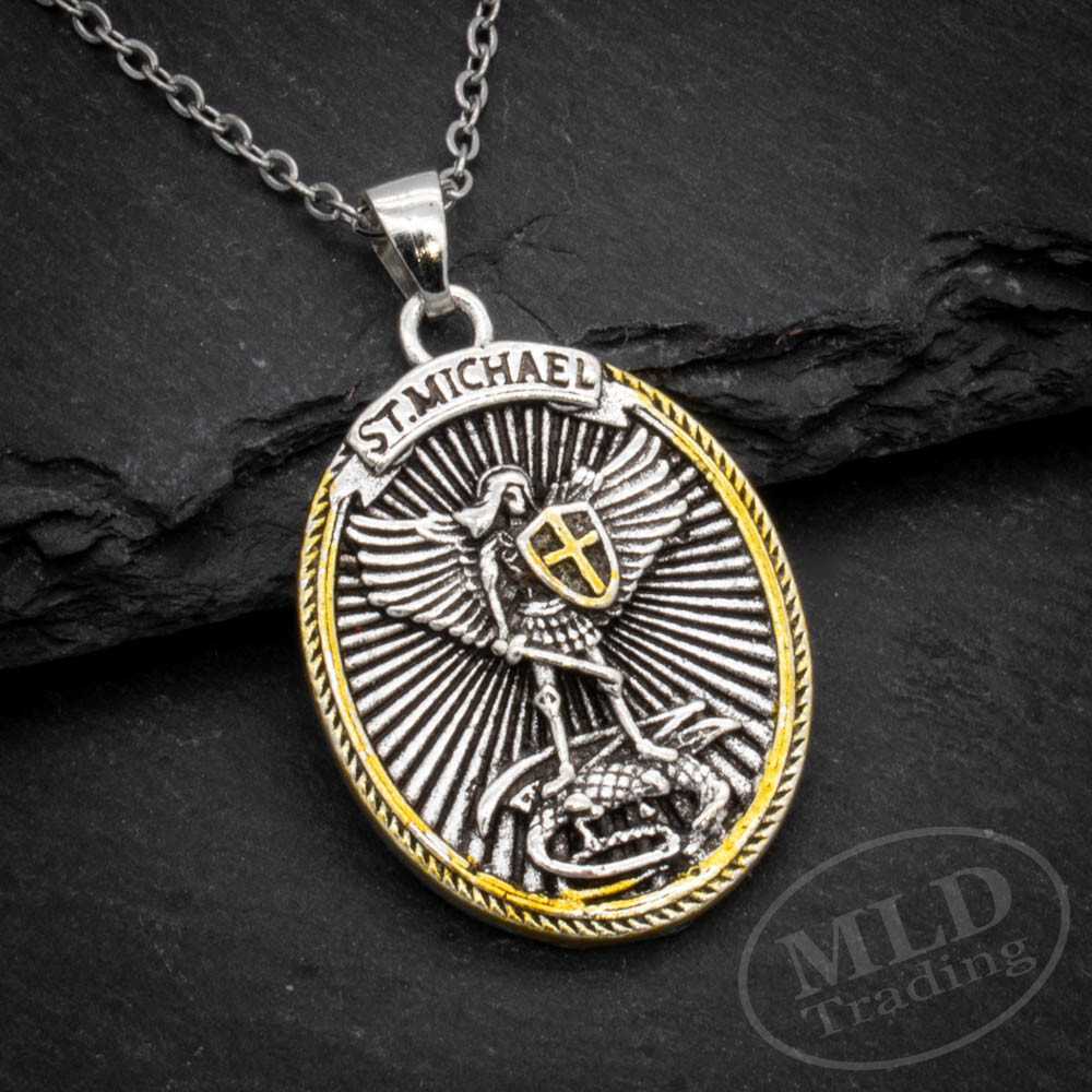 Saint St Michael Pendant Necklace, Oval Silver-Gold, 18″ Chain, Ephesians 6:10