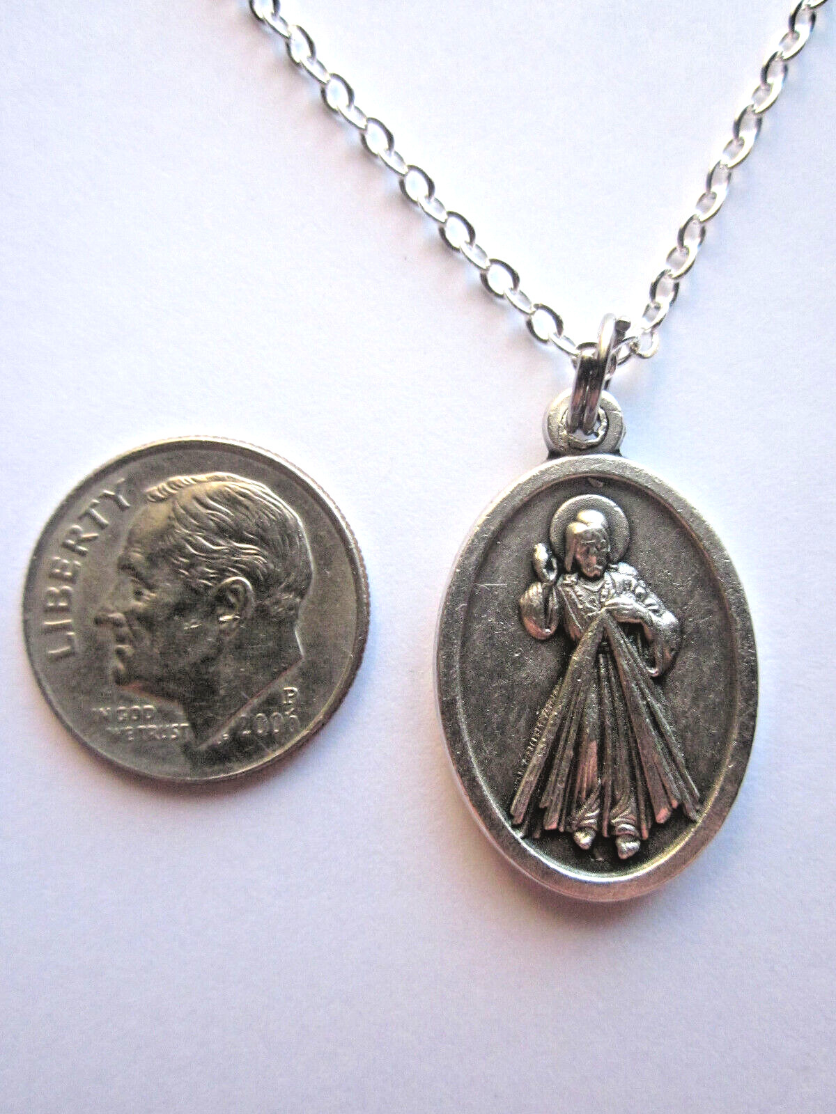 Ladies Divine Mercy / St Faustina Medal Pendant Necklace 20″ Chain Prayer Card