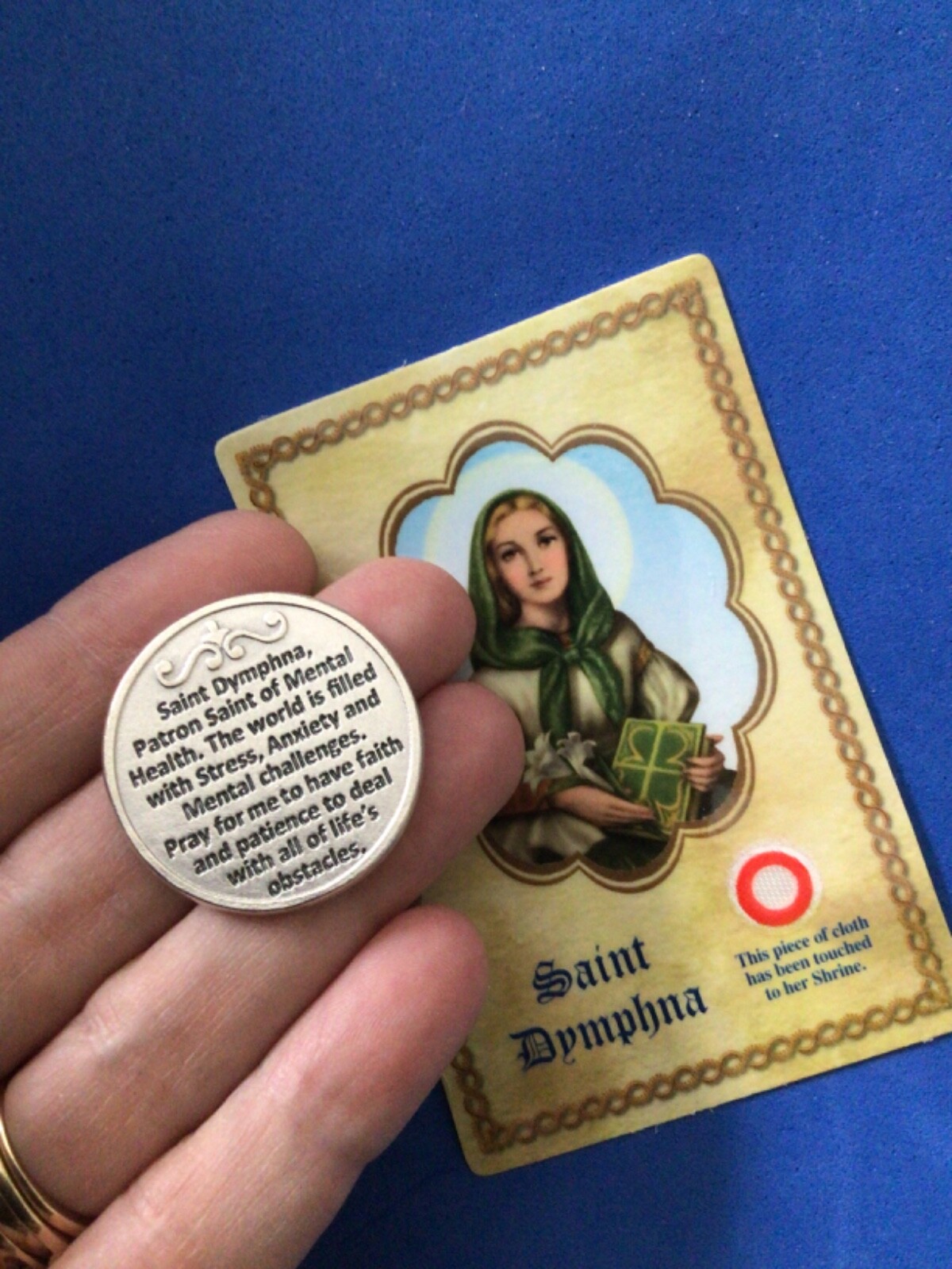 St DYMPHNA Pocket Token Stress Anxiety + RELIC Card 1-1/8″ Saint Medal Silver