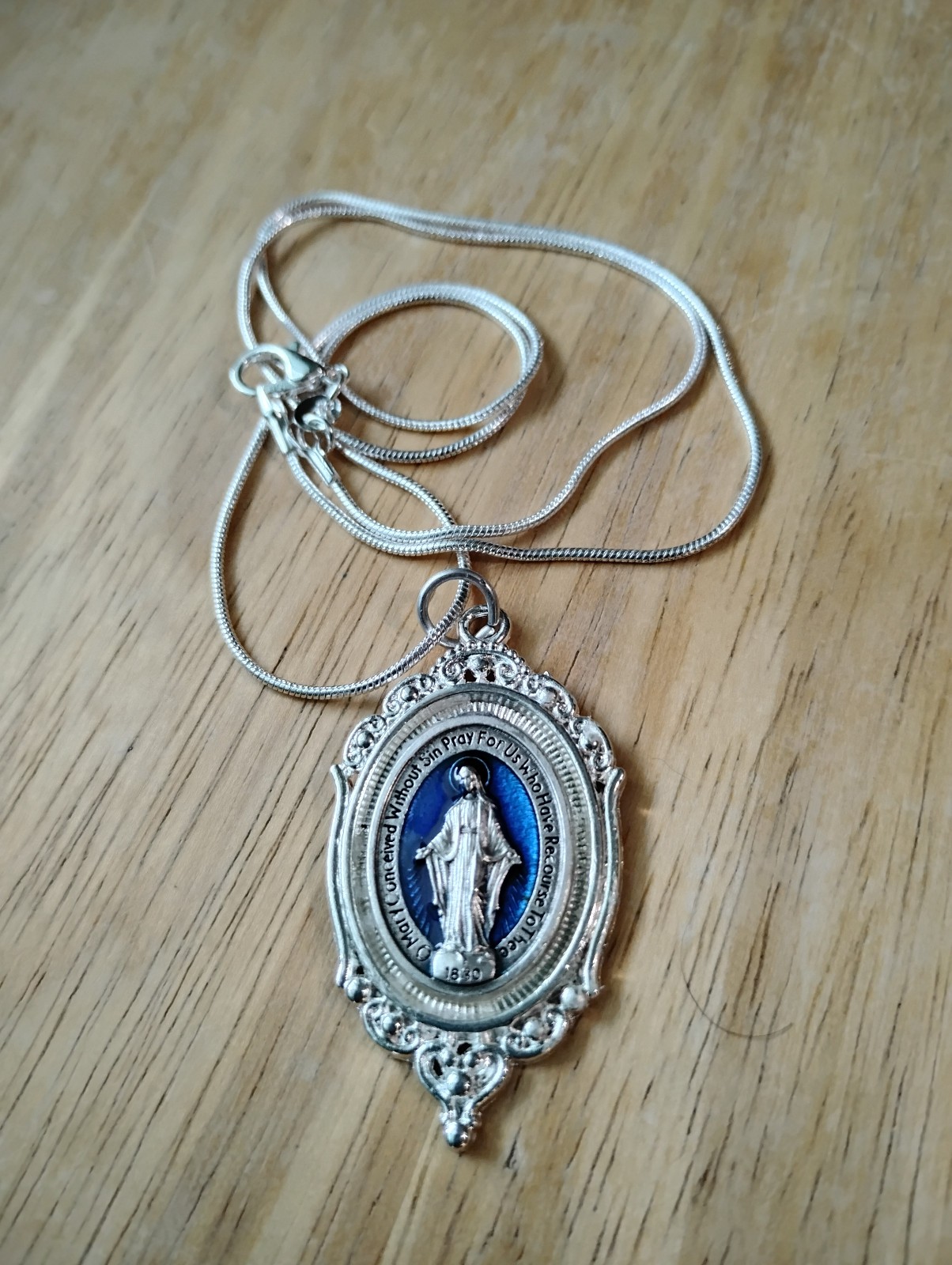 Silver Blue enamel Miraculous Medal Pendant necklace 925 sterling chain OOAK