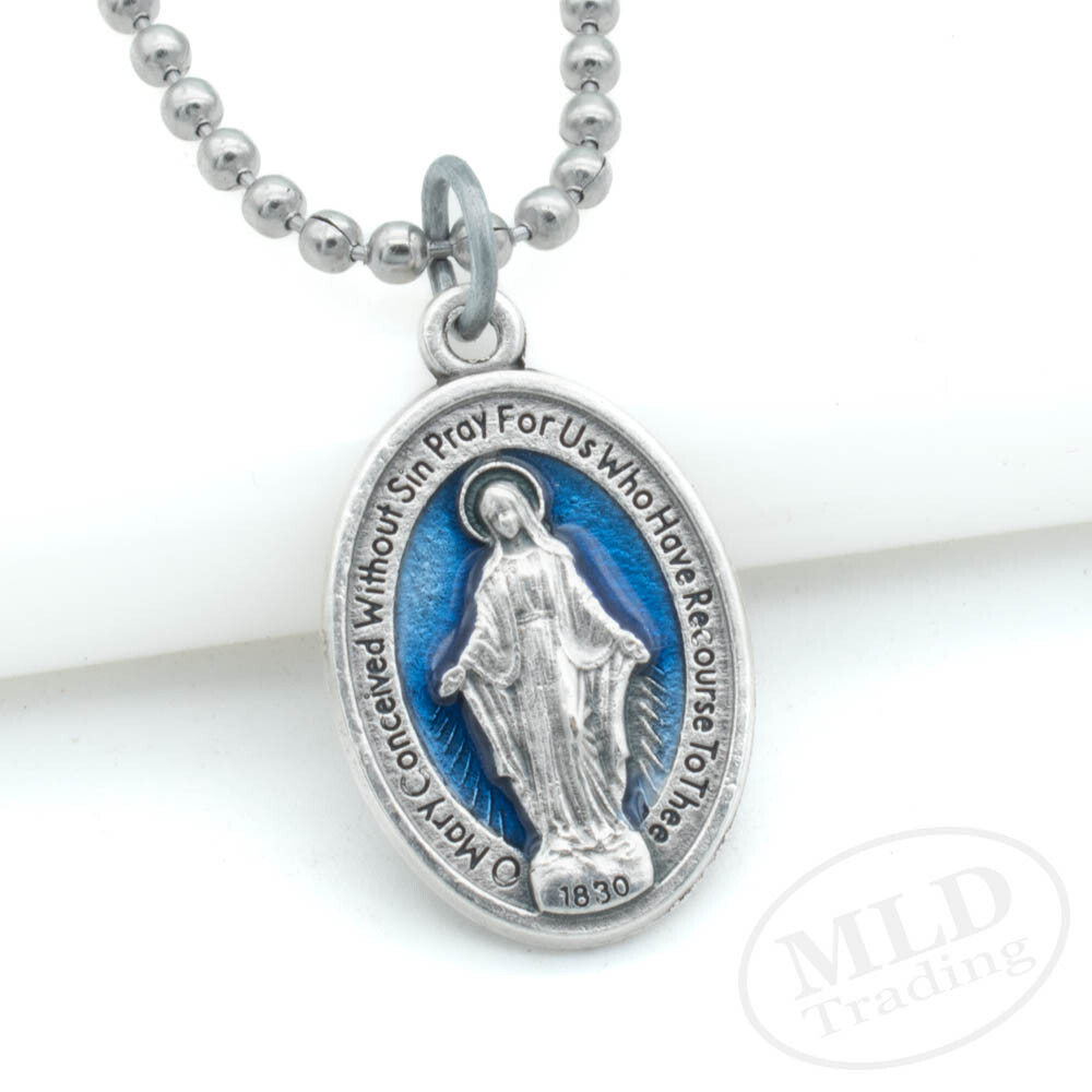 Blue Miraculous Medal Virgin Mary 1″ Pendant Necklace Italy w 24″ Ball Chain
