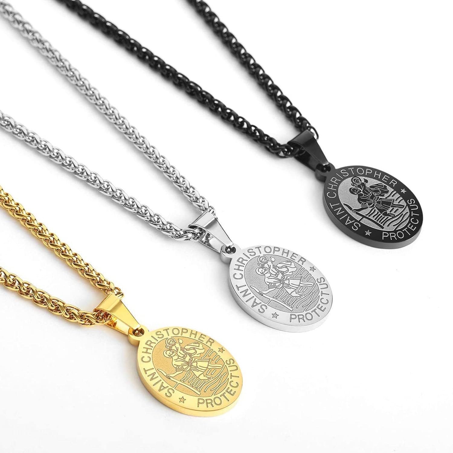 Saint St Christopher Medal Necklace for Men Boys 24 in – Religious Gifts, Black