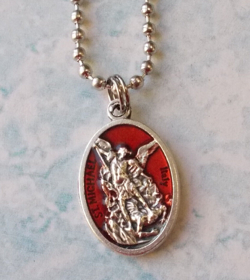 St Michael Archangel /Guardian Angel Medal w/ Red Enamel Necklace 24″ Ball Chain