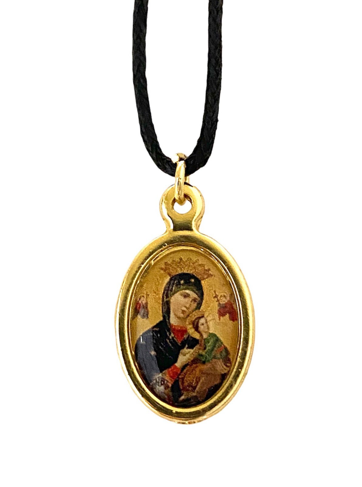 Our Lady Perpetual Help Gold Tone Medal Pendant String Necklace Virgen Socorro
