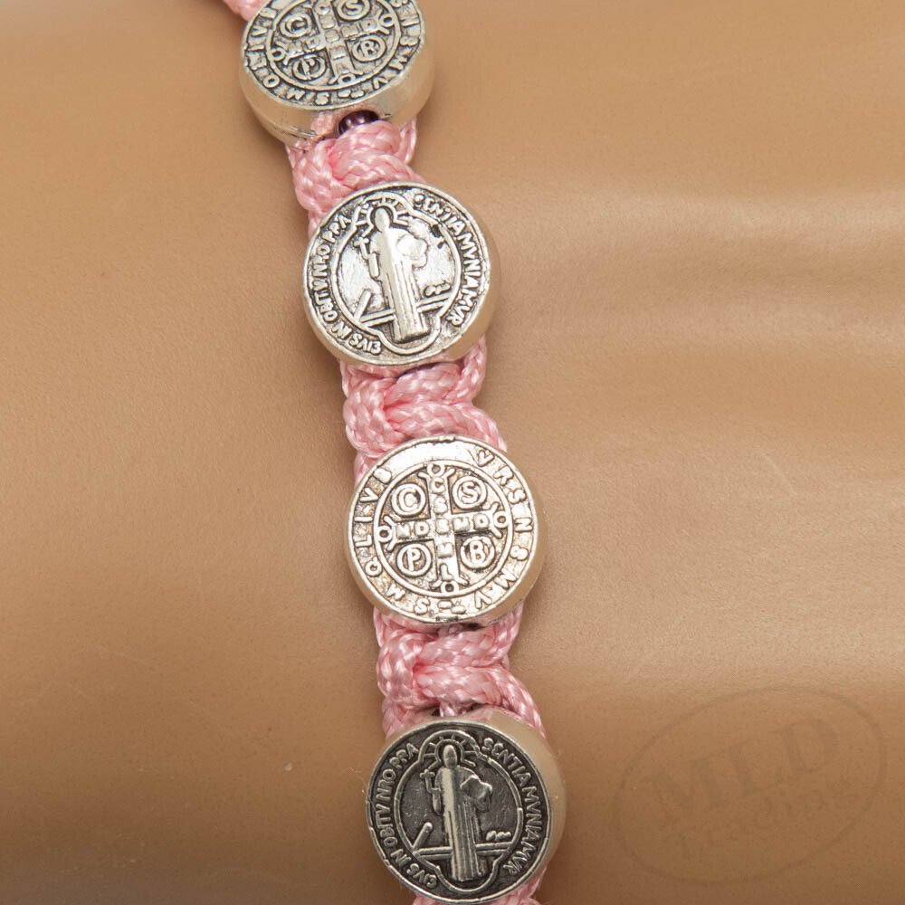 Pink Macrame Saint St Benedict Medal Cord Bracelet – Adjustable, 10 Medals