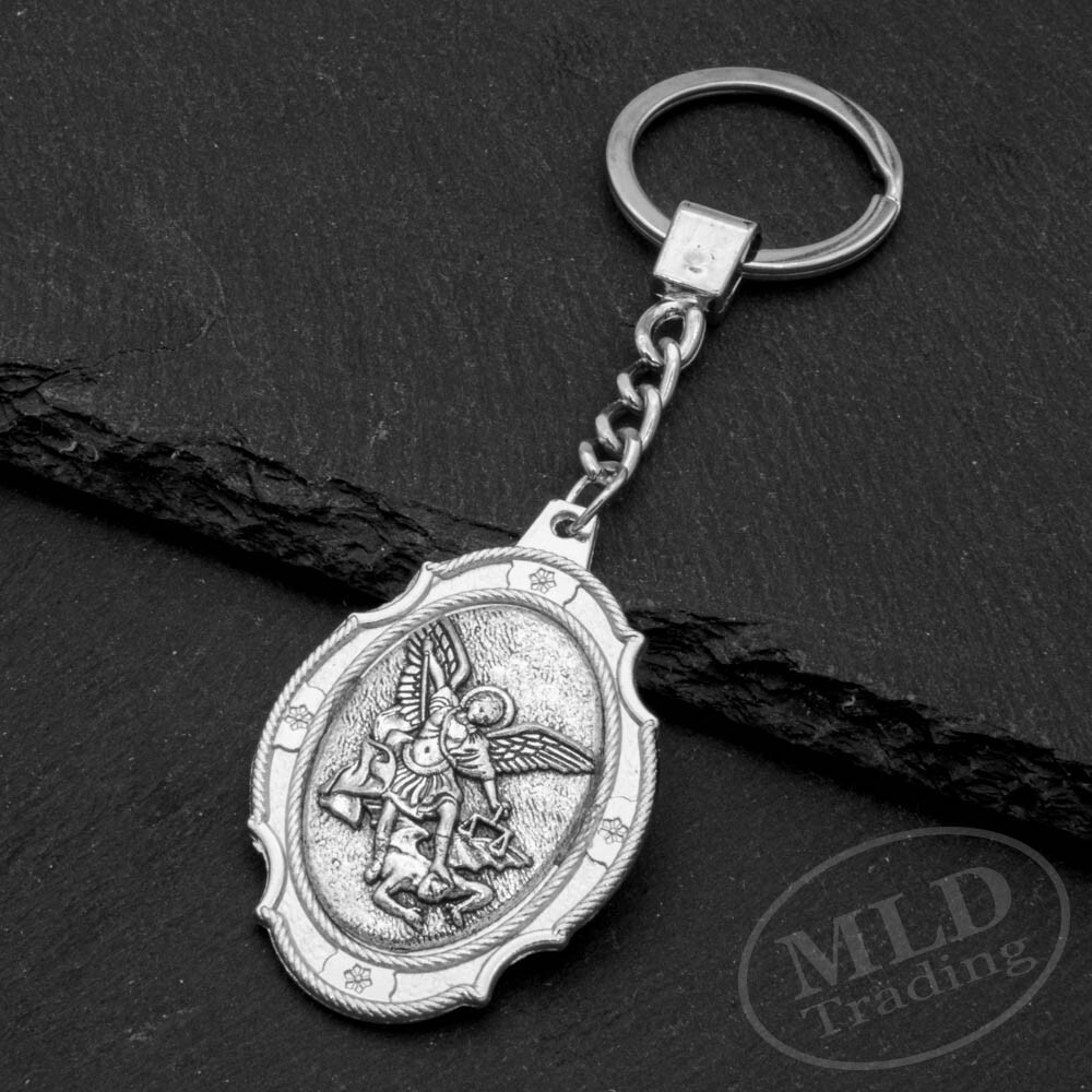 St Michael Medal Keychain Large Silver Pendant Zinc Alloy Religious Key Ring