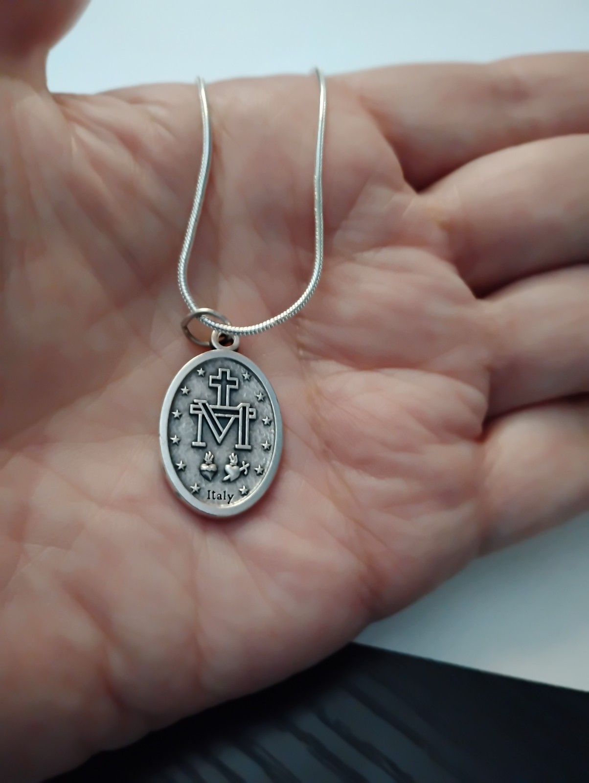 Silver Miraculous Medal Spanish Latin 925 Sterling Snake Chain Necklace + card