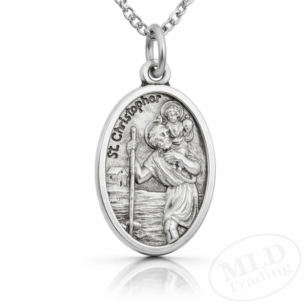 Saint St Christopher Protect Us Oval Silver Medal Pendant Necklace 18″ Chain