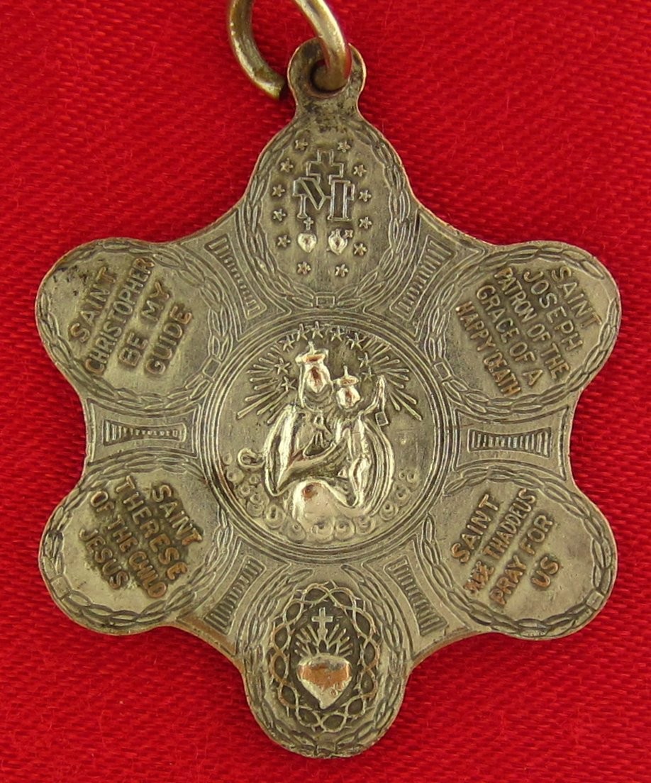 Vintage 7 WAY Medal MARY JESUS JOSEPH SAINT THERESE Religious Catholic Pendant