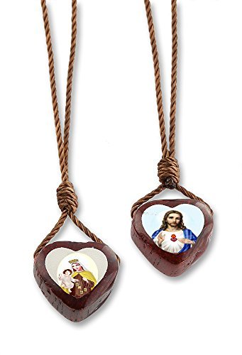 Small Heart Shaped Wood Scapular,Jesus and Our Lady Mt Carmel Medals, Pack of 6