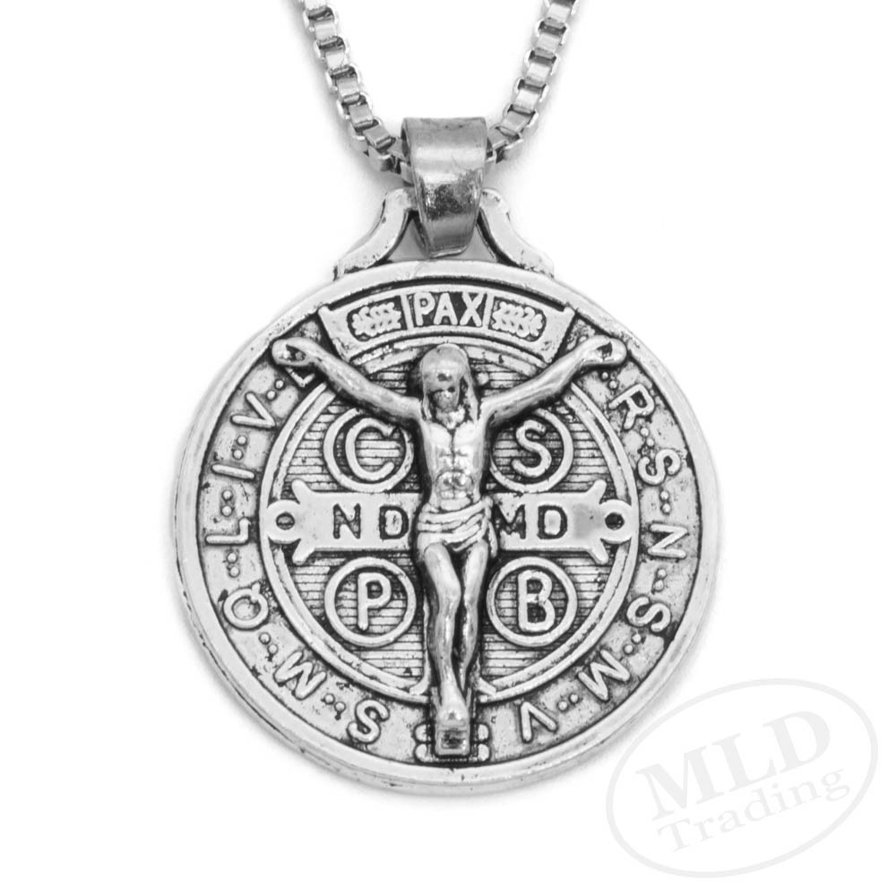 Jesus Crucifix Saint St Benedict Medal Cross Pendant Necklace 24″ Box Chain