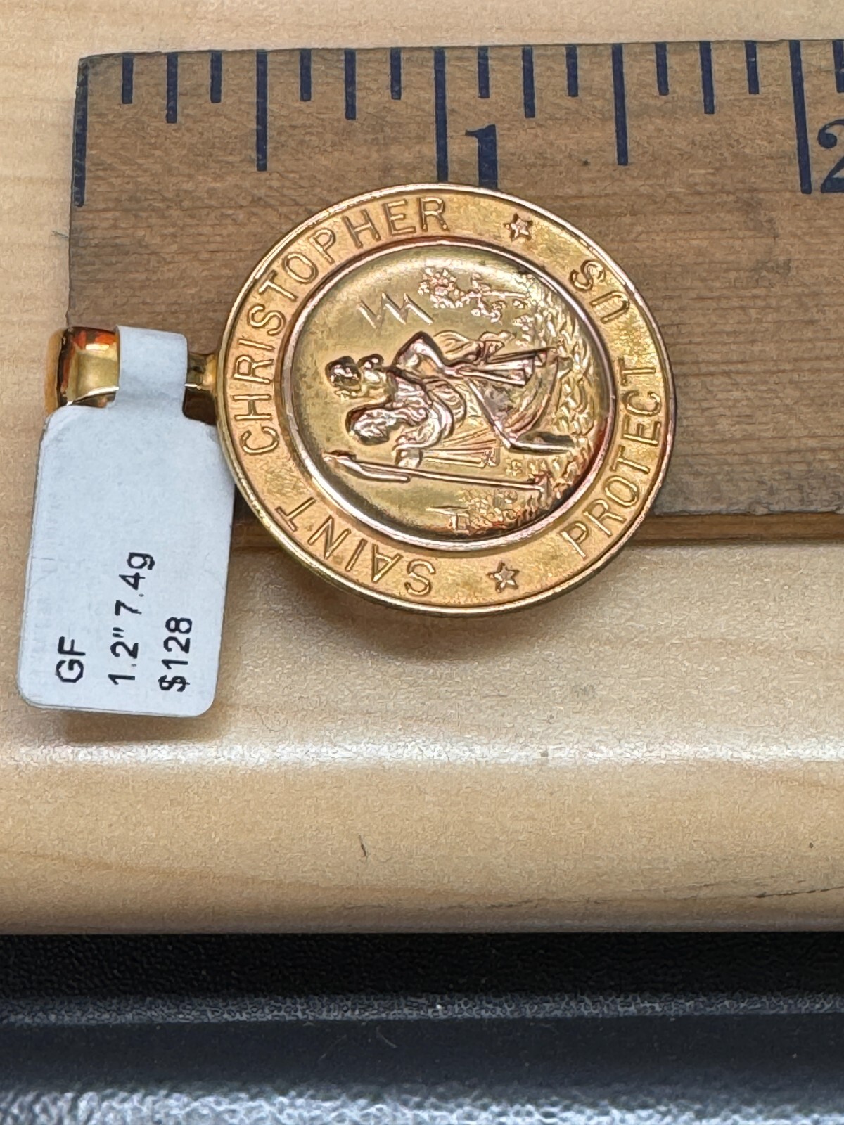 St Christopher 1.2″ Protect Us Medal Shiny Gold Plated over Sterling Silver