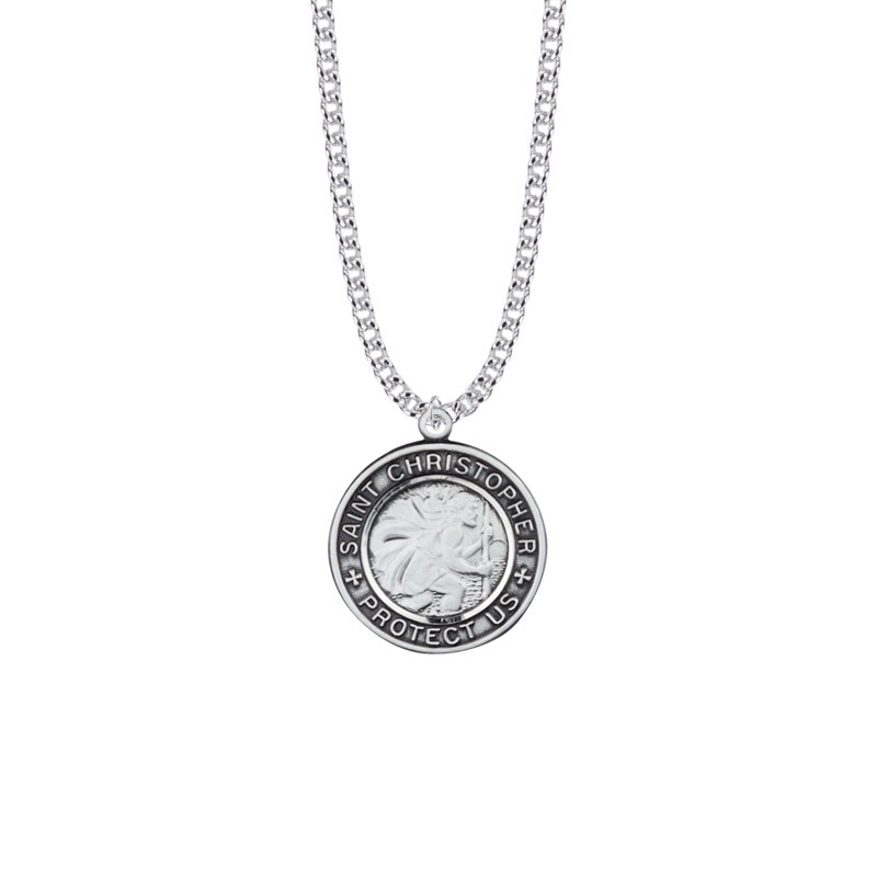 Large Antiqued Sterling Silver Saint Christopher Medal Vintage Style Necklace