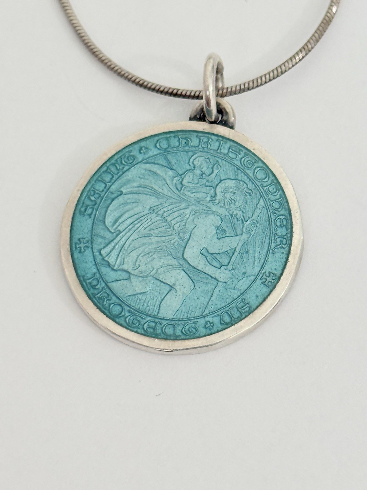 Charles Thomae St Christopher Sterling Silver Blue Enamel Medal Pendant Necklace