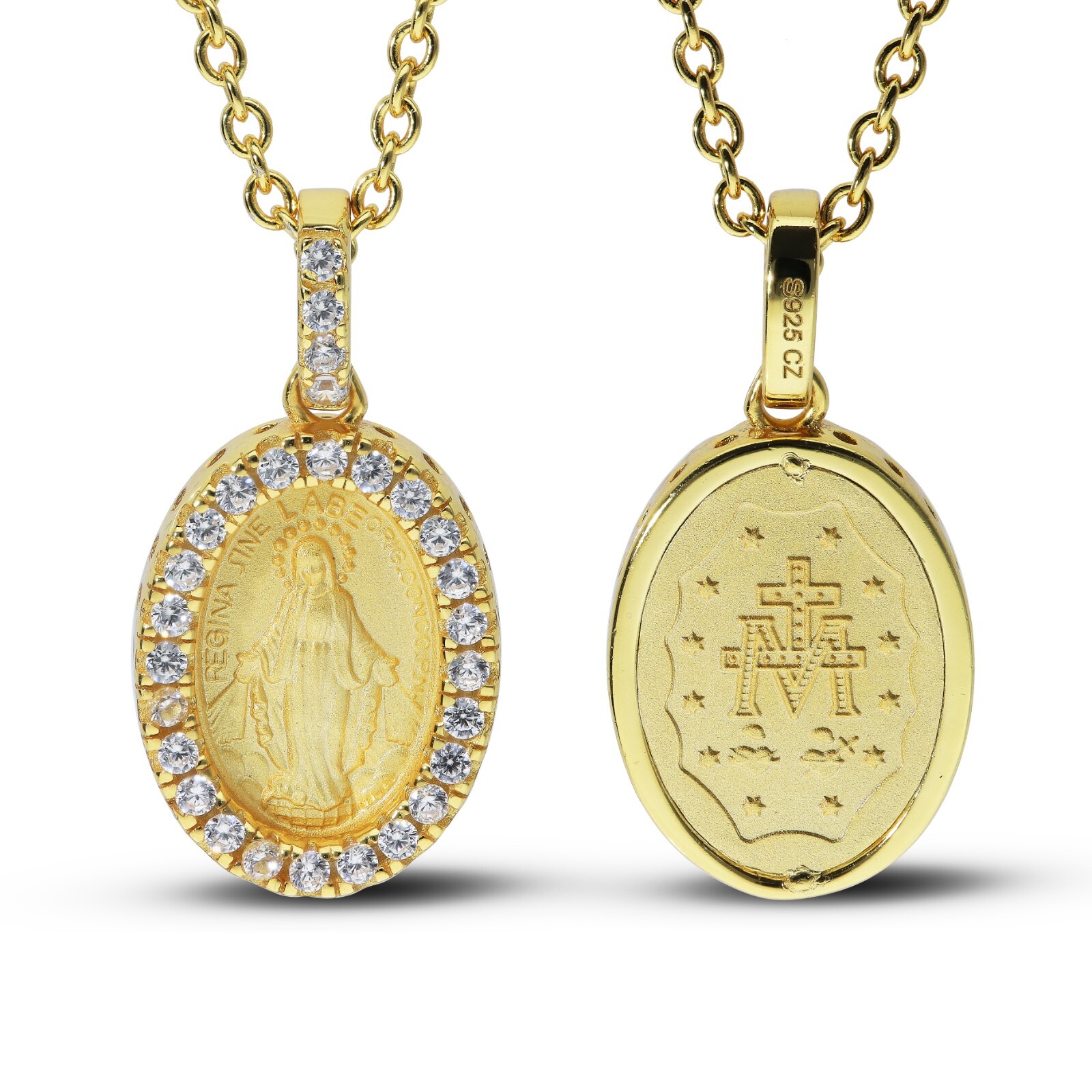 Miraculous Medal 14k Gold over Silver Virgin Mother Mary Pendent Necklace cz set