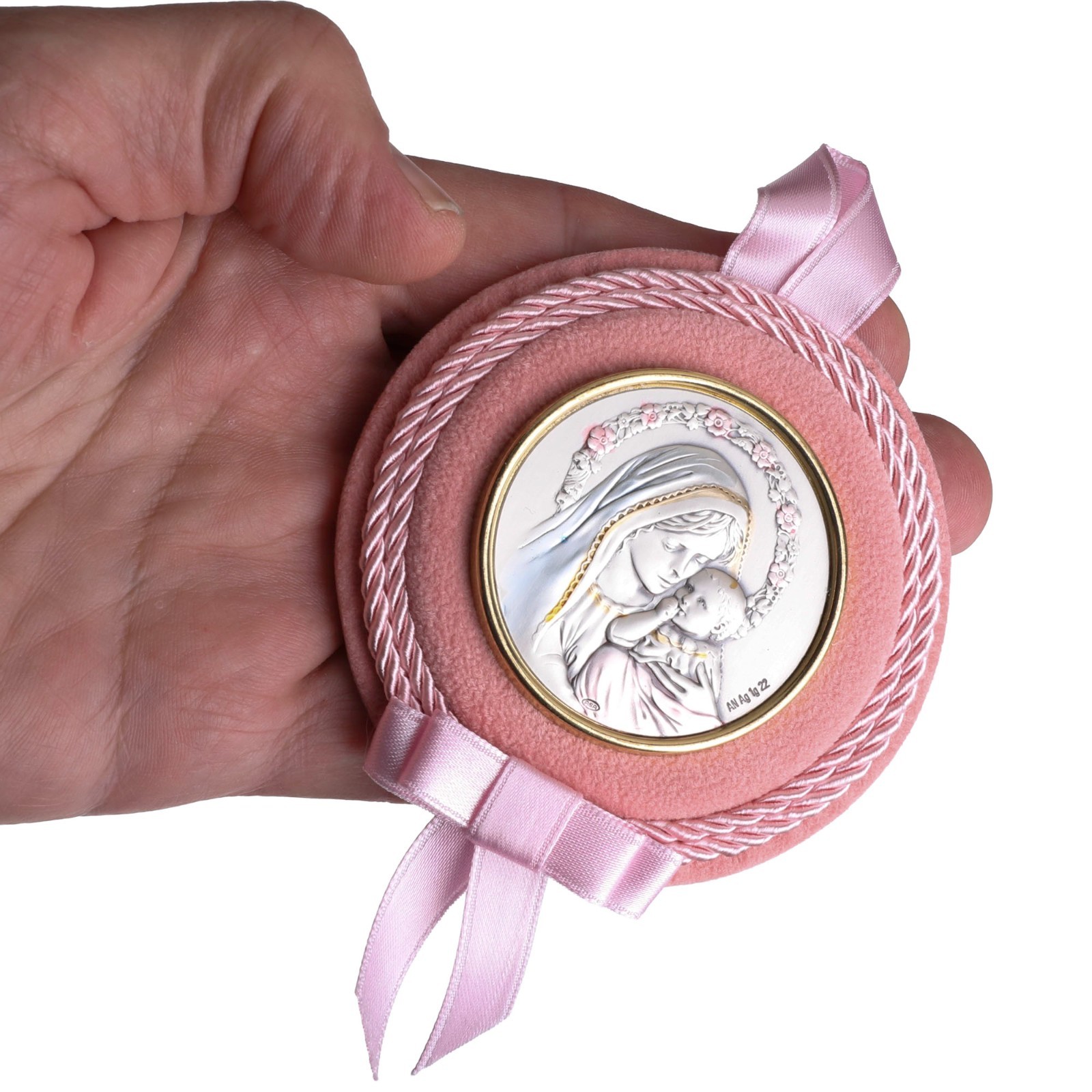 Baby Girl Crib Medal Mary Child Icon With Pink Ribbon 3.25″ Catholic Gift Italy
