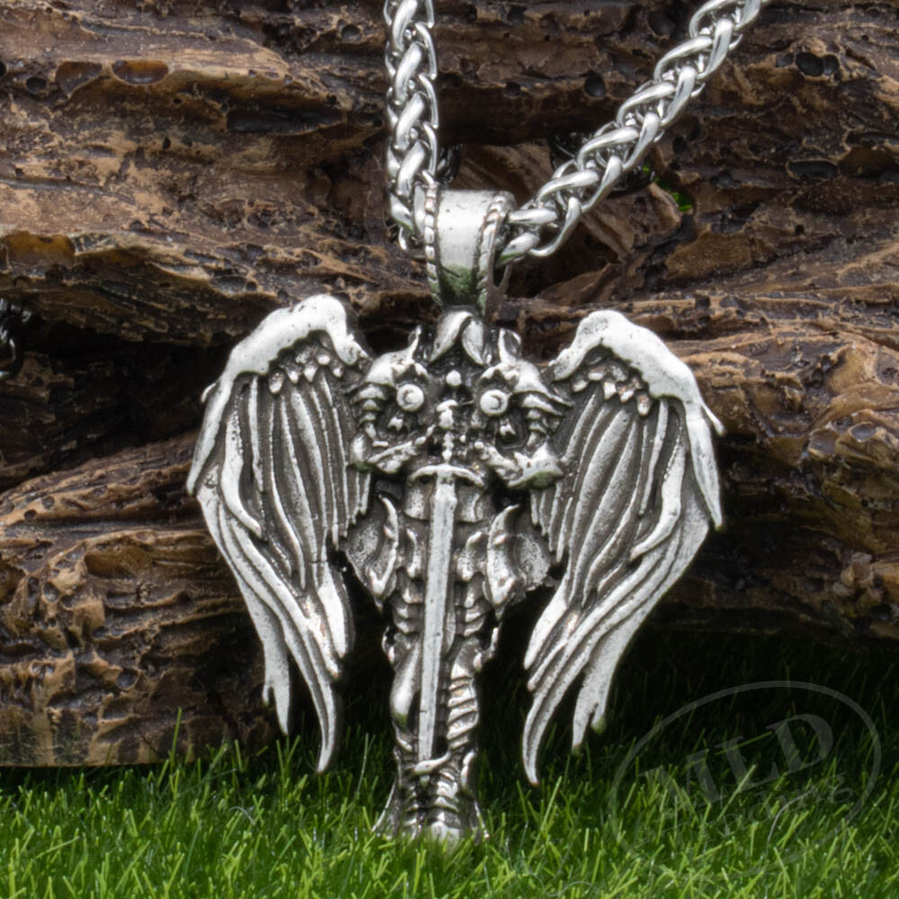 Saint St Michael Archangel Wings Cross Pendant Necklace & Stainless Steel Chain