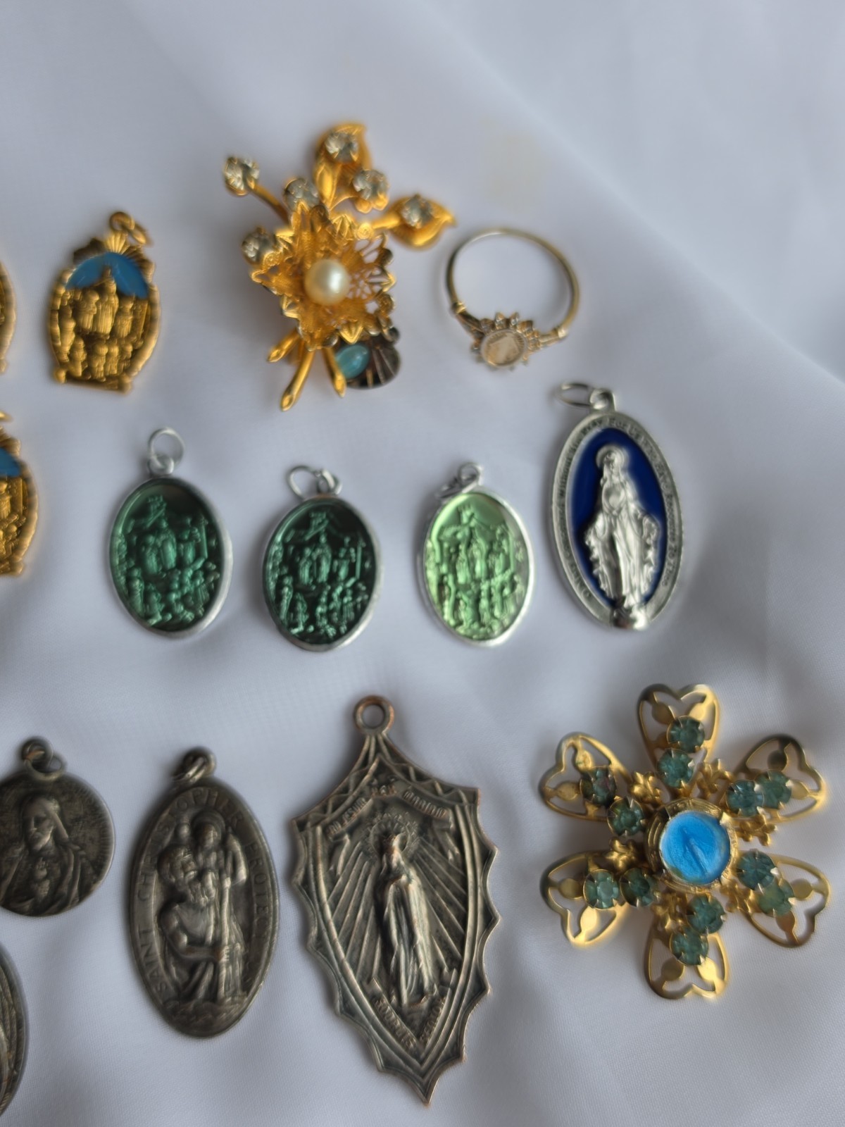 Catholic Religious Medal Lot Of 23, Ring, Brooches