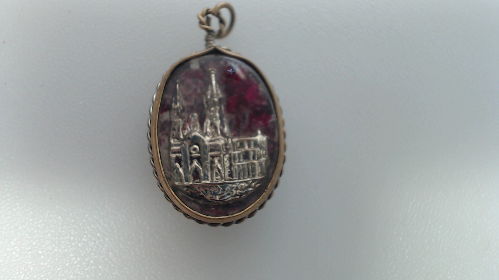 Vintage Catholic St Anne De Beaupre Pink Double Sided Bubble Mercury Glass Medal