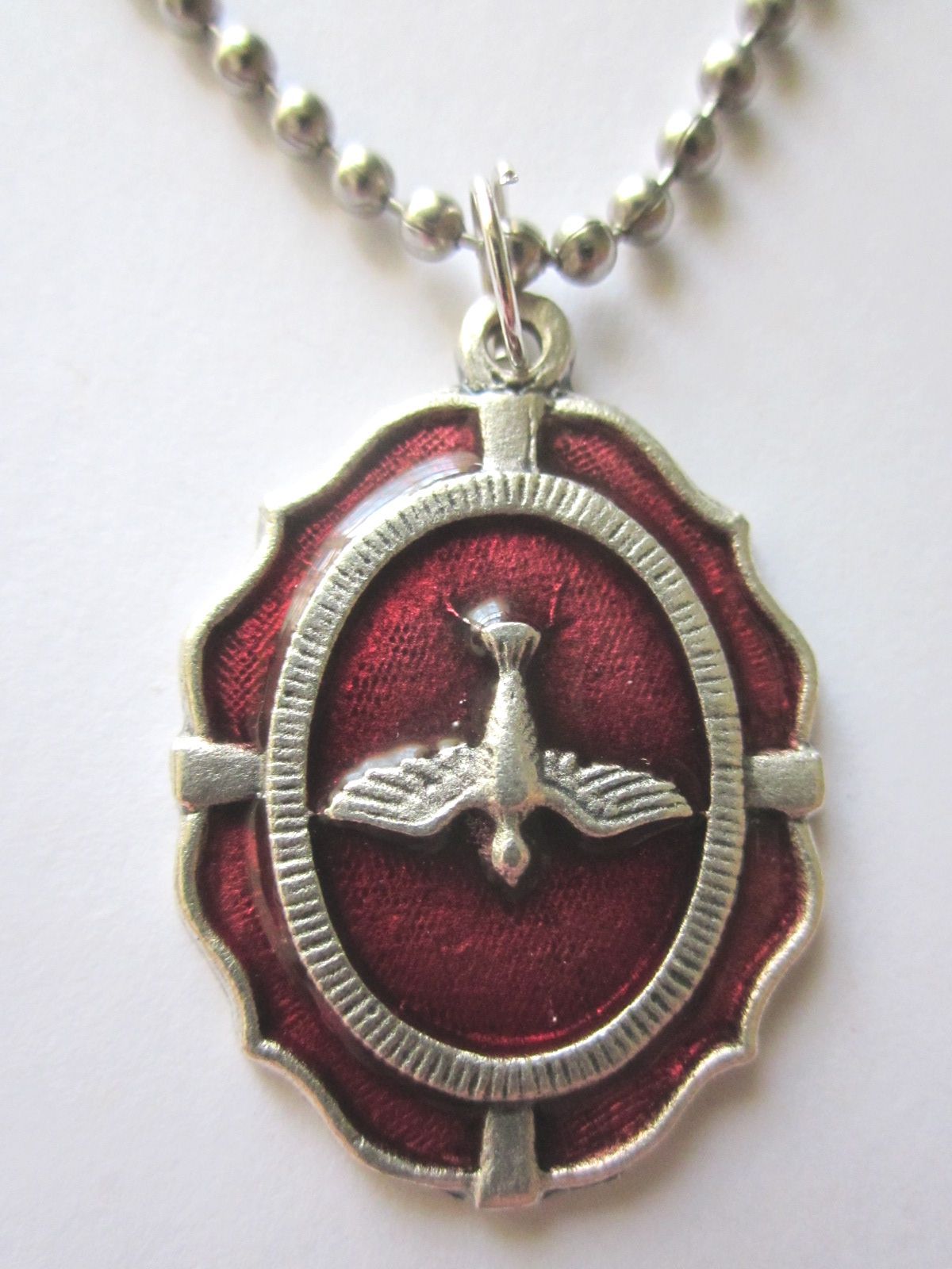 Large Holy Spirit Medal Red Enamel Italy Necklace 24″ Stainless Ball Chain