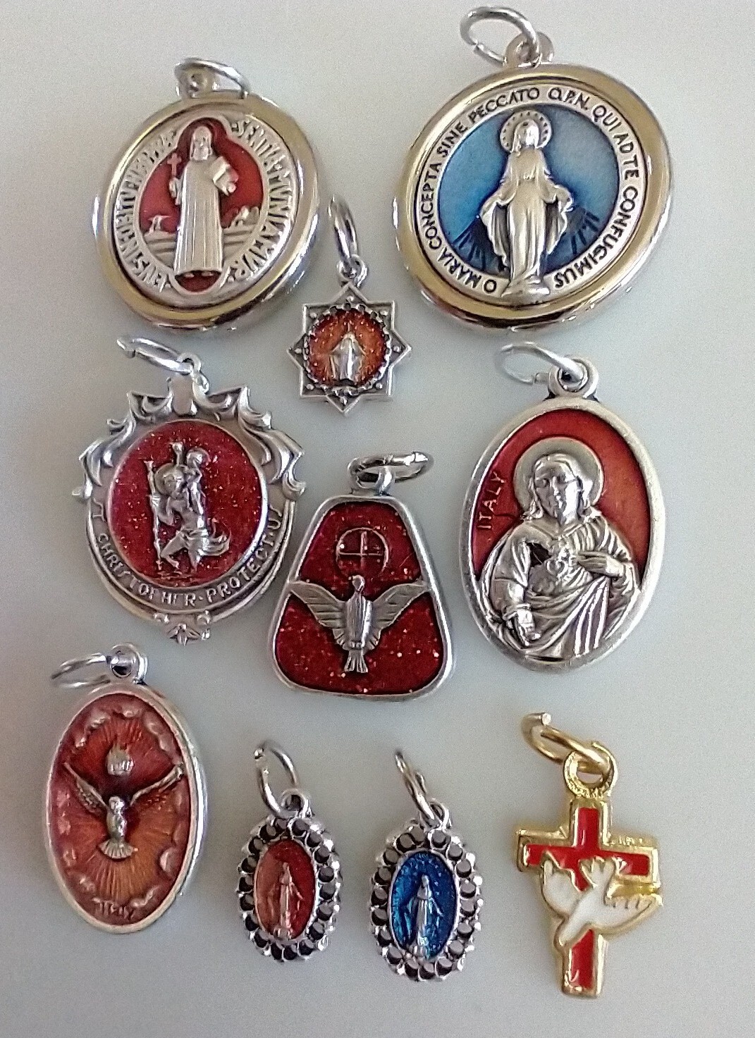 Catholic Lot Religious Medals Enamel Jesus Mary St Christopher Dove Holy Spirit