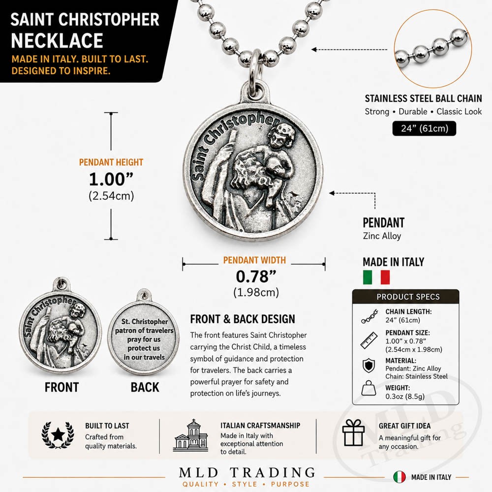 Saint St Christopher Medal Prayer Pendant Necklace Made in Italy 24″ Chain