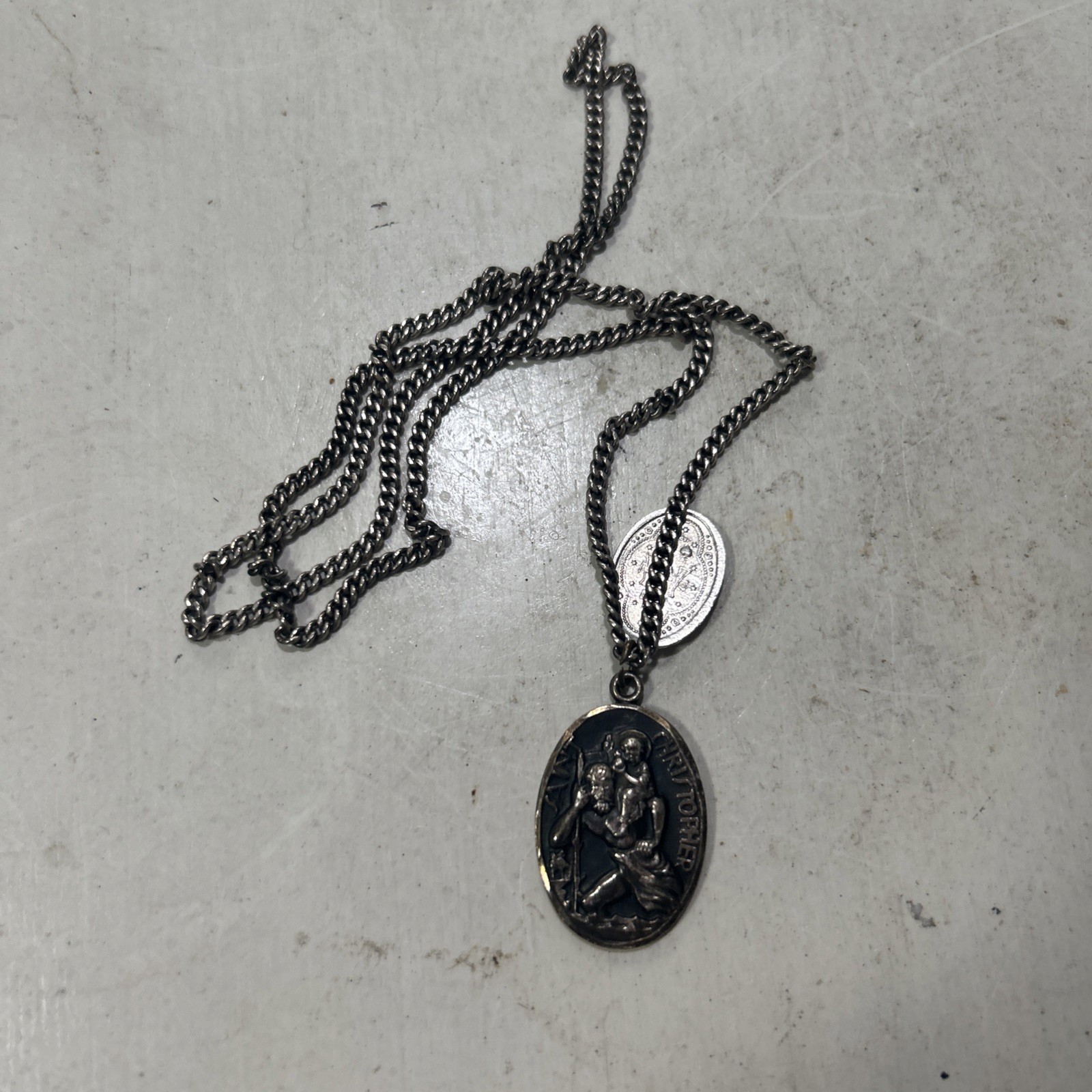 Antique Sterling Silver Saint Christopher Pendant With Chain