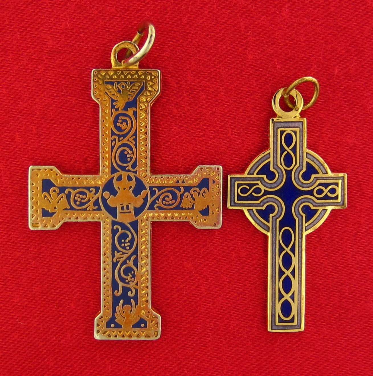 2 BLUE ENAMEL CROSSES Medals Goldtone Religious Catholic Pendants JESUS ORTHODOX