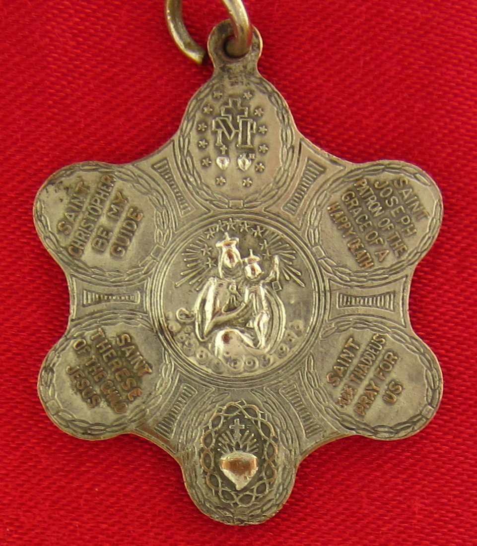 Vintage 7 WAY Medal MARY JESUS JOSEPH SAINT THERESE Religious Catholic Pendant