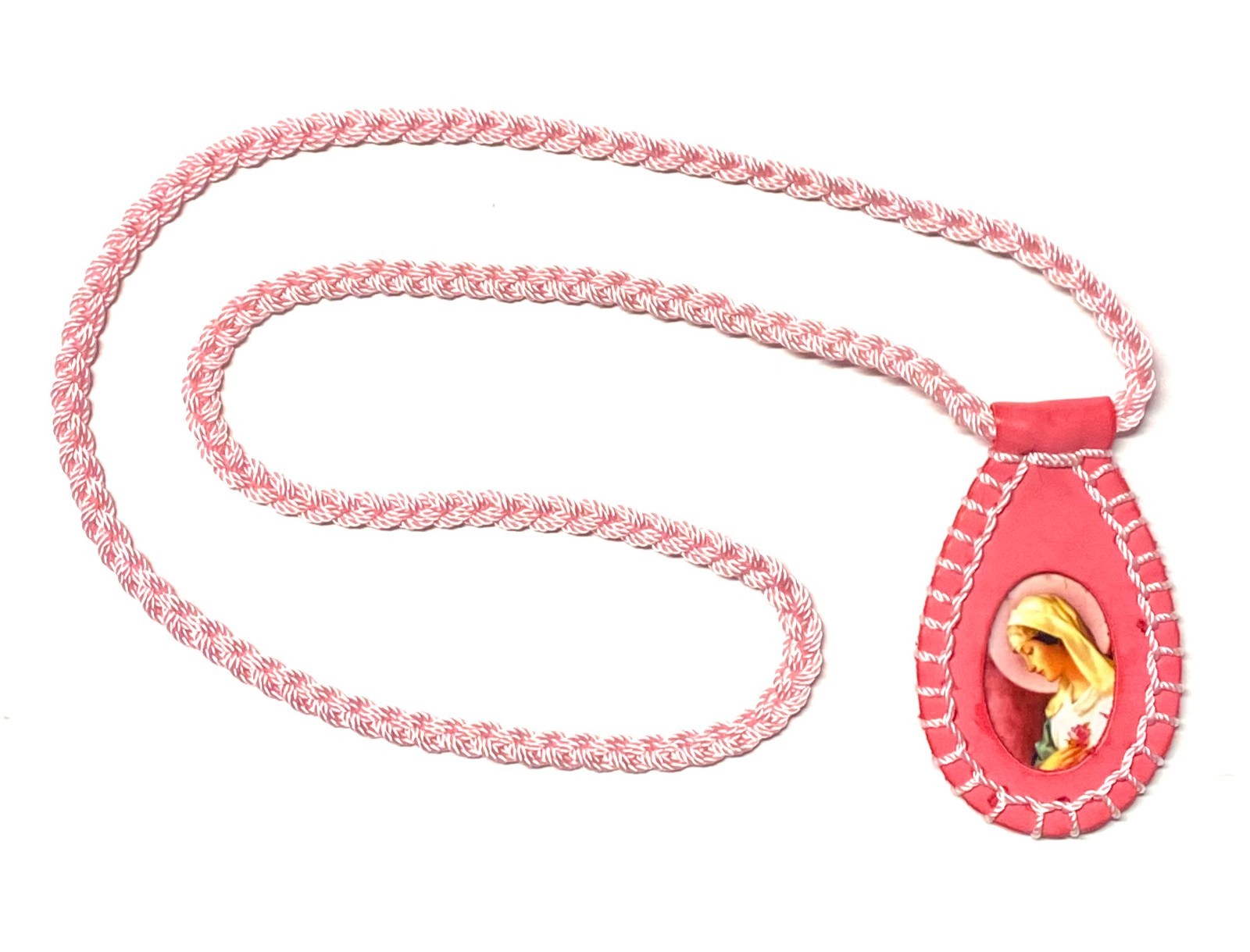 Mystical Rose Pink Leather Oval Scapular Necklace Escapulario Rosa Mistica