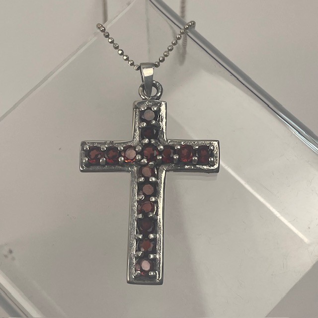 VTG Christian Cross Pendant Necklace 925 Sterling Silver Red Garnet(15)