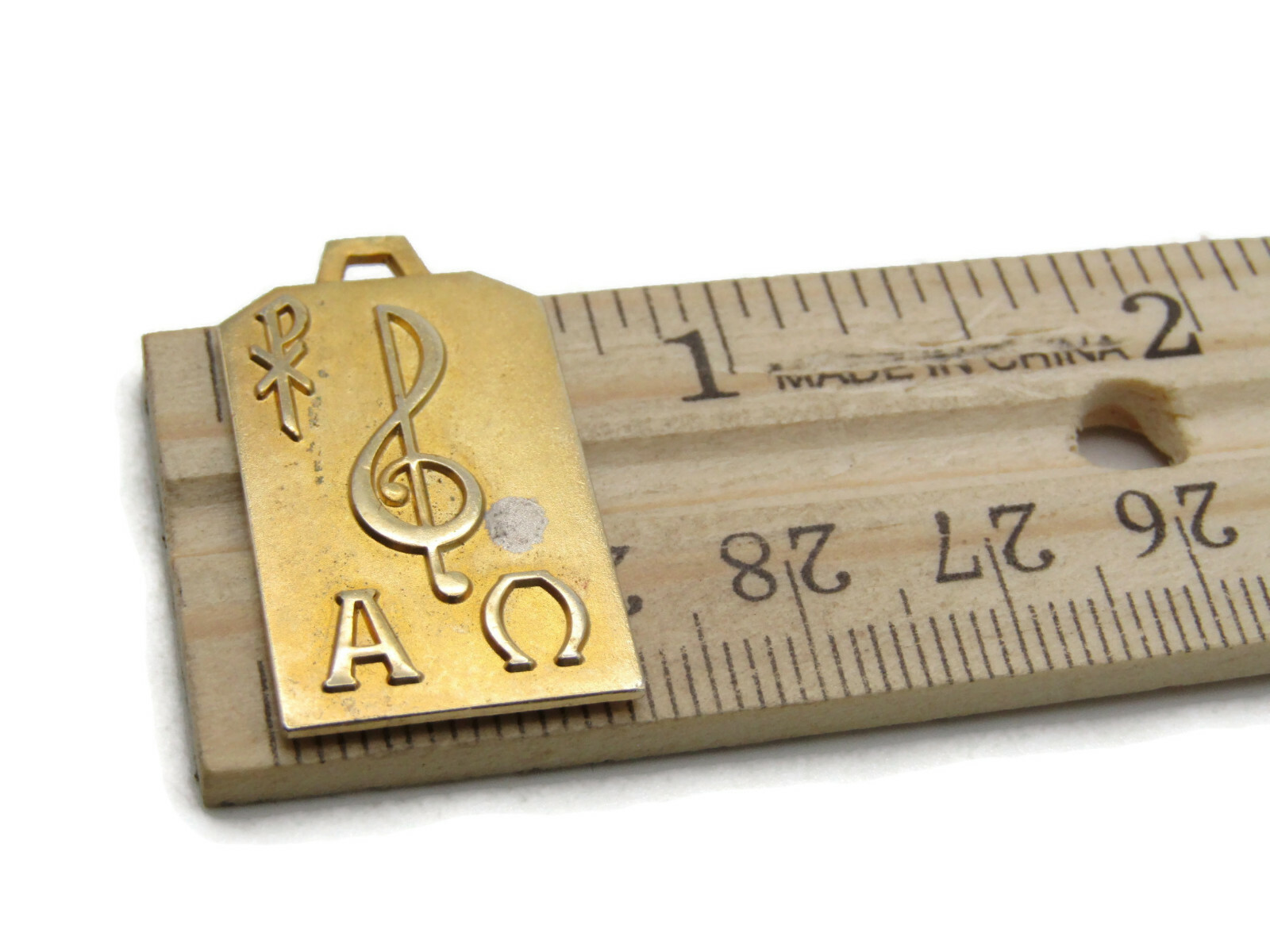 Vintage Christian Chi Rho Pendant Medal Alpha Omega Treble Clef Music Gold Tone