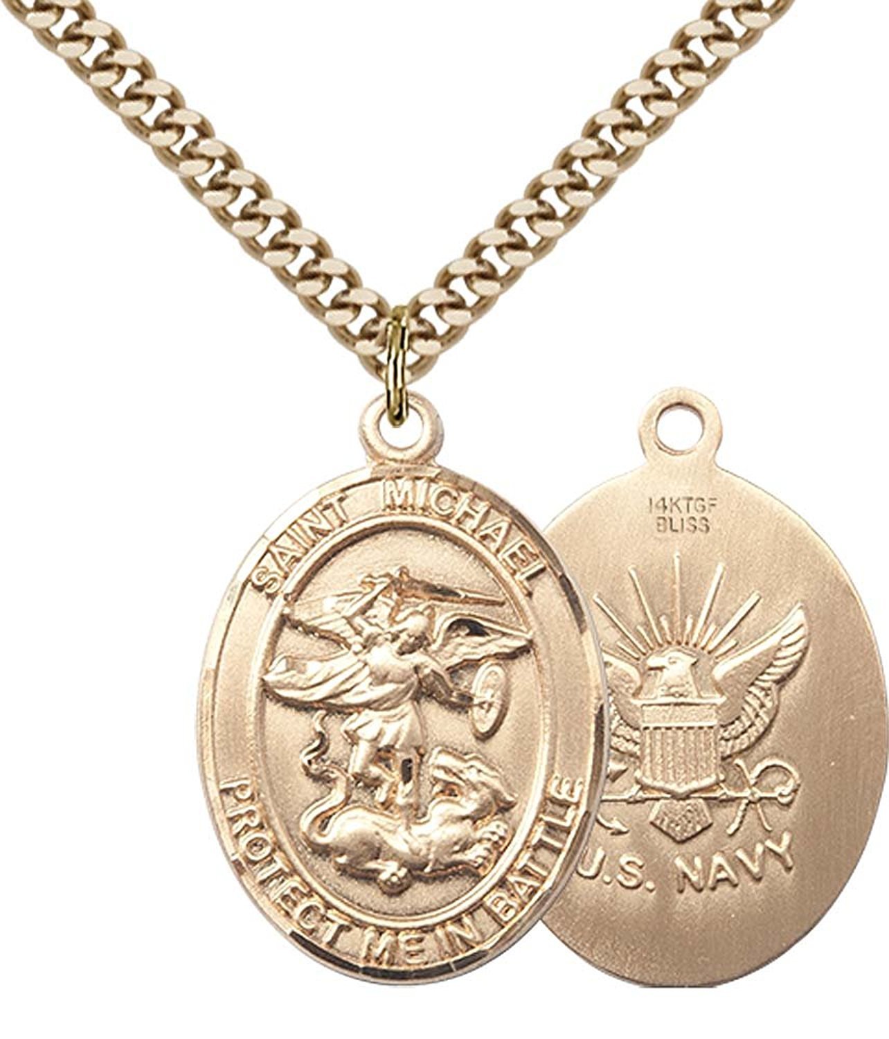 14K Gold Filled St Michael The Archangel Navy Military Catholic Medal Necklace