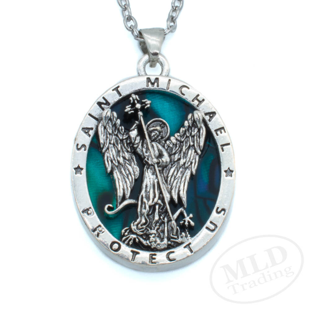 Saint St Michael Pendant Necklace, Religious Protector Medal, Alloy, 18″ Chain