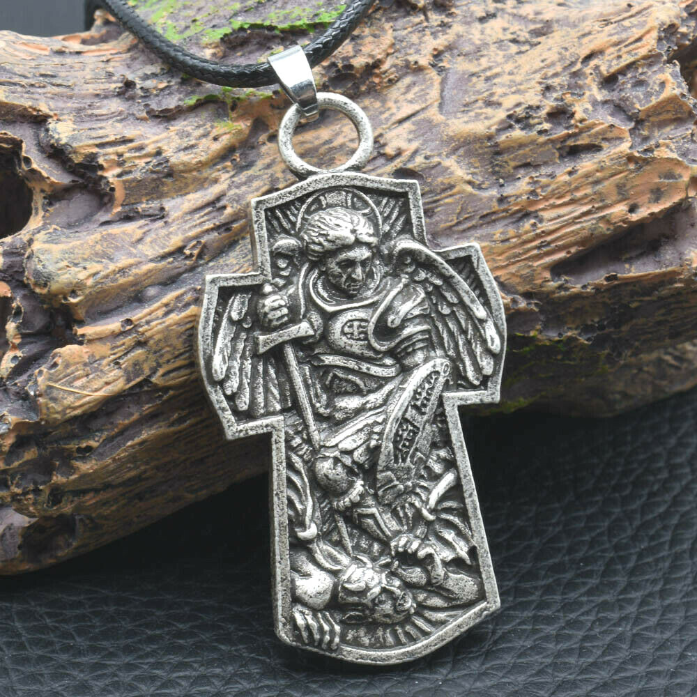 Archangel Patron Saint St Michael Textured 3D Cross Shield Pendant Necklace