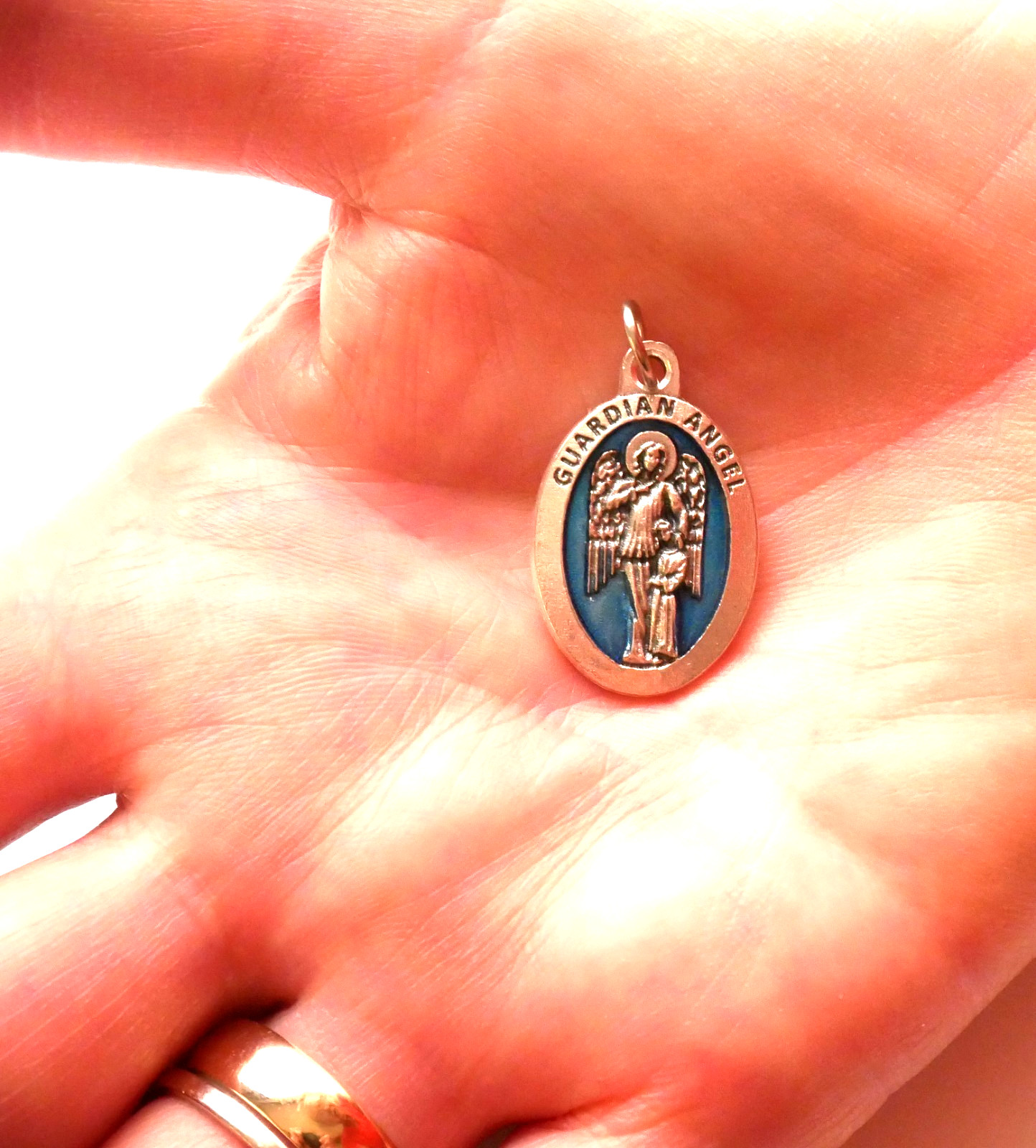Guardian Angel 7/8″ x 5/8″ Silver Tone / Blue Medal – (Italy)